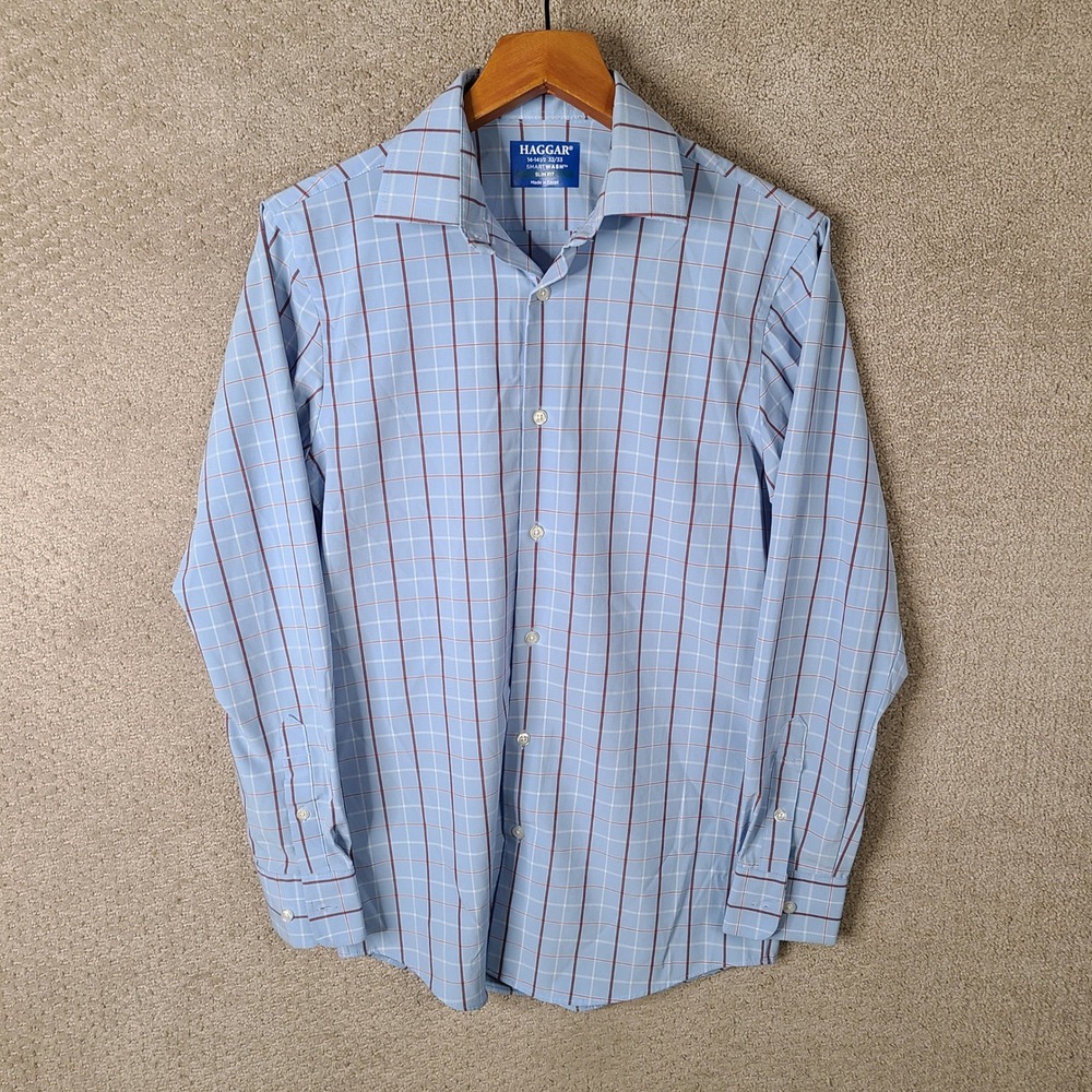 Haggar Shirt Mens 14-14.5 32/33 Blue Red Plaid Slim Fit Button Down Smart Wash
